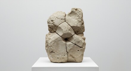 Lightcolored fractured stone sculpture on a white pedestal against a plain grey studio background