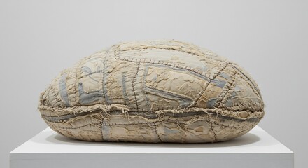 Elongated heavily worn textile object with patchwork beige and pale blue fabric visible stitches and frayed edges on a white plinth
