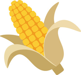 A cartoon illustration of an ear of corn with golden kernels and beige husk.