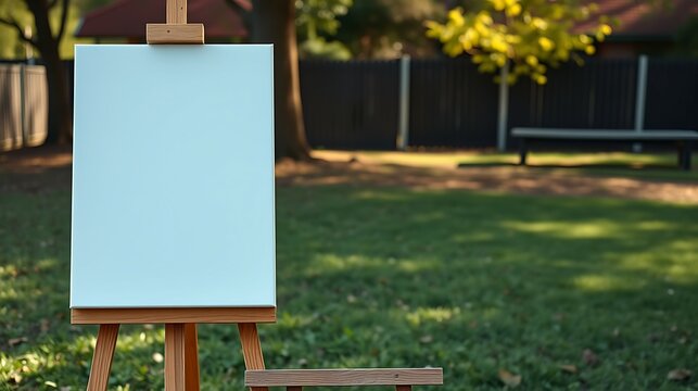 Sunny outdoor scene featuring a blank canvas on a wooden easel, ready for artistic creation in a lush green garden