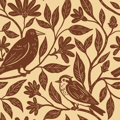 Monochrome seamless pattern with birds on blooming branches. Hand-drawn vector illustration.
