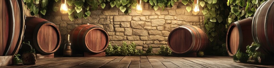 Wooden wine barrels in a rustic cellar.  Ivy and hanging lights adorn the stone walls