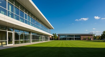 Obraz premium Modern glass architecture of a contemporary office building in a vibrant city park