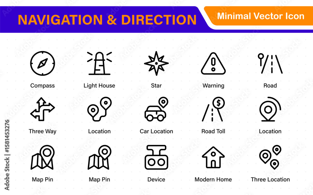 Poster navigation and direction line icons vector. symbol of map location, route, marker, road trip, and na