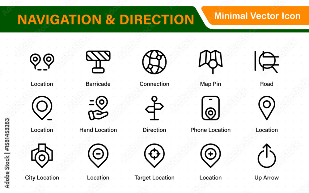 Poster navigation and direction line icons vector. symbol of map location, route, marker, road trip, and na
