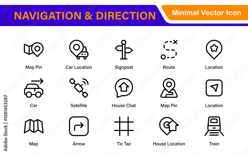 Poster navigation and direction line icons vector. symbol of map location, route, marker, road trip, and na