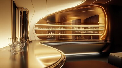 Gold-toned, curved bar interior.  Sleek, modern design