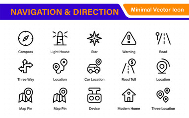 Navigation and Direction Line Icons vector. symbol of map location, Route, Marker, road trip, and navigate icons. Pinpoint. Location icon. Map place marker. pointer GPS location symbol.