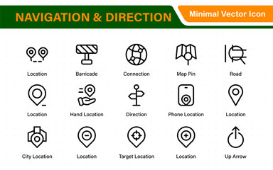 Navigation and Direction Line Icons vector. symbol of map location, Route, Marker, road trip, and navigate icons. Pinpoint. Location icon. Map place marker. pointer GPS location symbol.