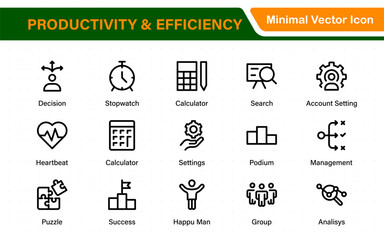 Productivity and Efficiency icon collection. Set line icons with editable stroke. Business planning, success, goal achievement. Charts, communication, chat, speedometer
