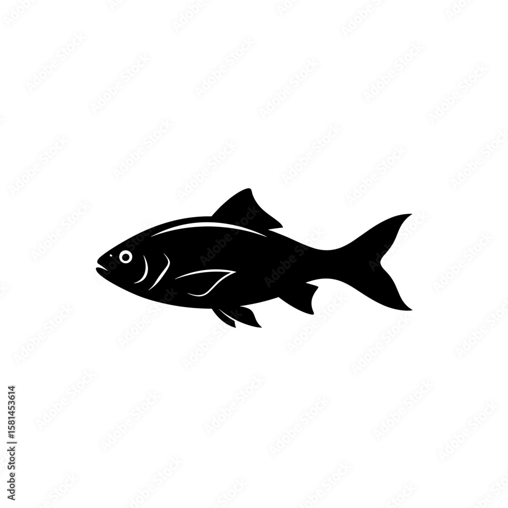 Poster silhouette of a fish with distinct fins and scales swimming to the right side of the frame view imag
