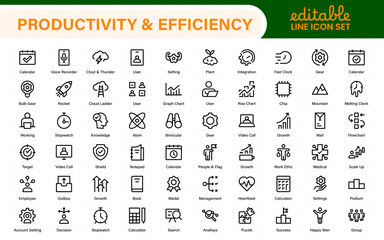 Productivity and Efficiency icon collection. Set line icons with editable stroke. Business planning, success, goal achievement. Charts, communication, chat, speedometer