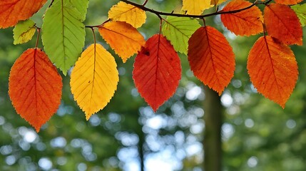 Obraz premium Colorful Autumn Leaves on Branch in Forest