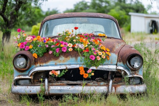 Fototapeta Rusty vintage car adorned with vibrant flowers