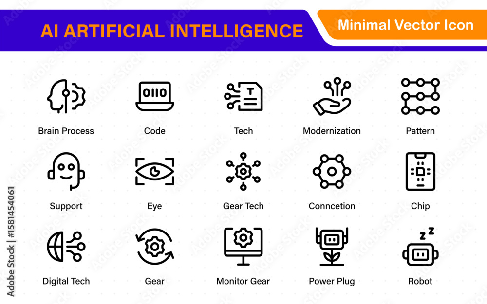 Poster set of ai artificial intelligence icon set vector collection. ai essentials line icon collection, ar