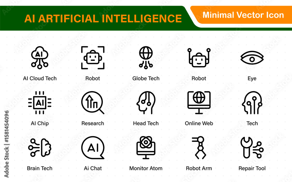 Poster set of ai artificial intelligence icon set vector collection. ai essentials line icon collection, ar