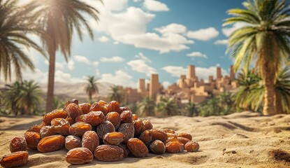 Dried dates piled on desert sand, palm trees and ancient city in background