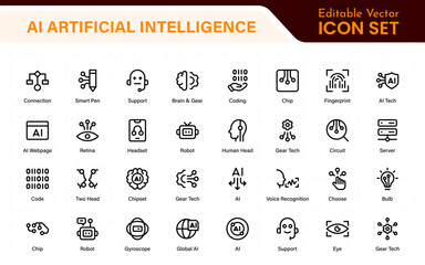 Set of Ai artificial intelligence icon set vector collection. AI Essentials line Icon collection, artificial intelligence icon set in line style, machine learning, smart robotic Free Vector