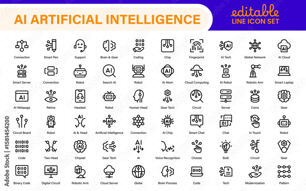 Poster set of ai artificial intelligence icon set vector collection. ai essentials line icon collection, ar