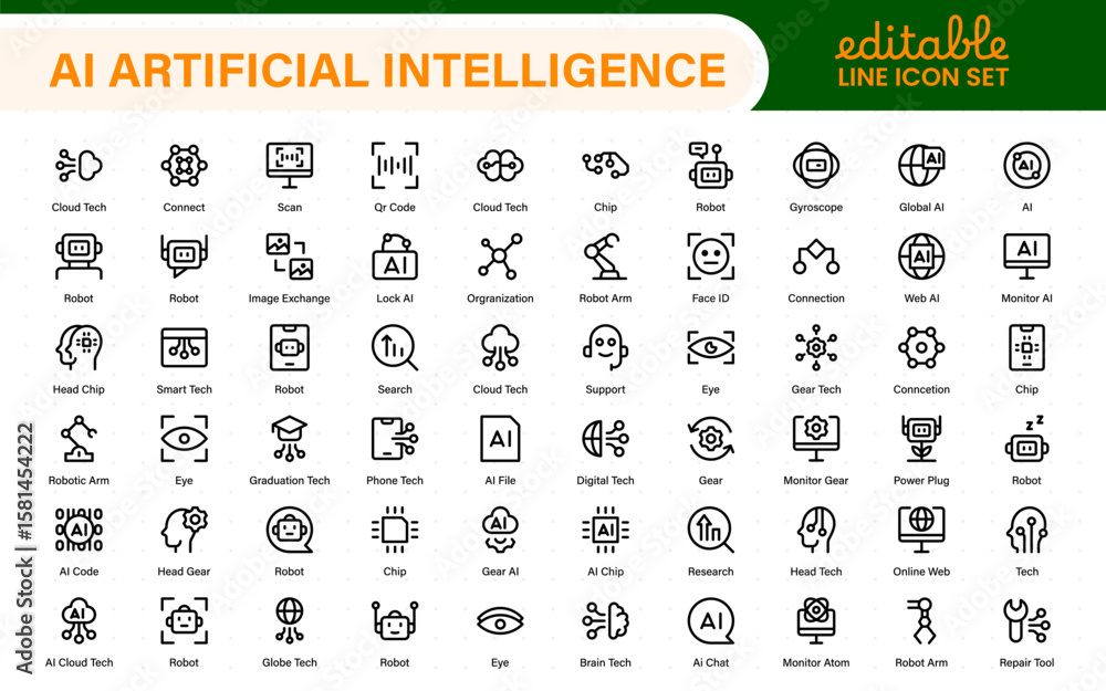 Poster set of ai artificial intelligence icon set vector collection. ai essentials line icon collection, ar