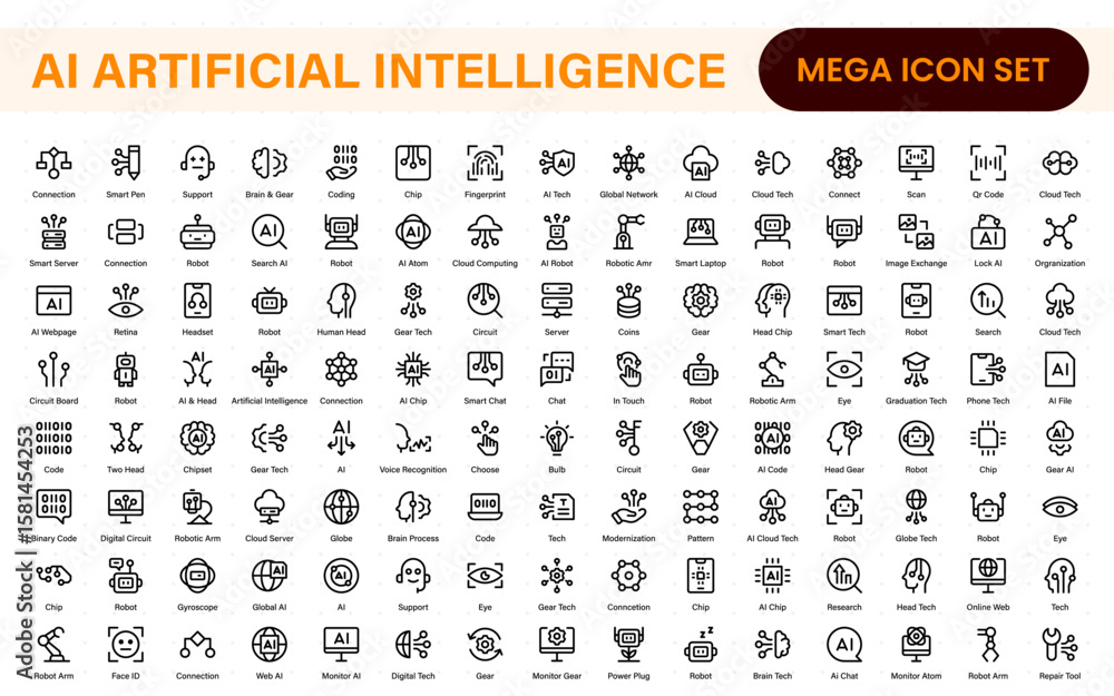 Poster set of ai artificial intelligence icon set vector collection. ai essentials line icon collection, ar