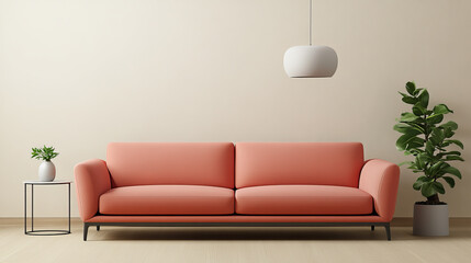 Pastel coral sofa, modern living room, indoor plant, minimal decor, soft lighting, calm mood