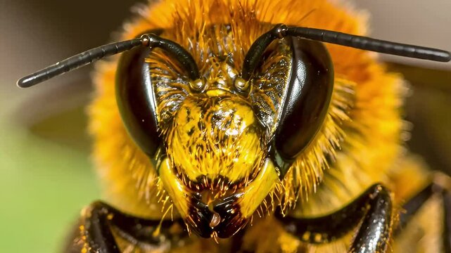 Stunning macro close-up of a fuzzy yellow bee's head, showcasing its intricate compound eyes, antennae, and hairy texture. Ideal for nature, entomology, and environmental themes.