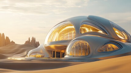 Fototapeta premium Futuristic dome structure nestled in a sandy desert landscape at dawn. Large, rounded, silver-gray forms with transparent windows, glowing warmly inside. Soft light, dramatic clouds