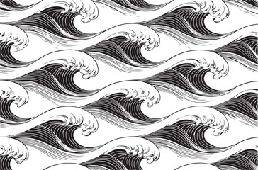 Fototapeta premium Seamless pattern of rolling ocean waves black and white engraved style design