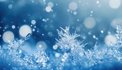 Fototapeta premium Close-up of intricate ice crystals against a soft, blue, bokeh background