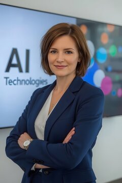 Confident professional woman in blue suit standing in front of AI technologies screen, representing leadership in artificial intelligence and digital innovation industry.

