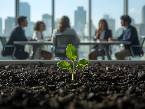 Young green plant sprouting in fertile soil with a blurred corporate meeting background, symbolizing sustainability, eco innovation, and green business growth in modern industries.