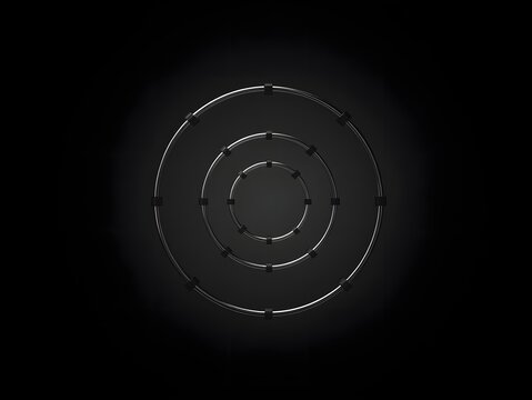 Minimalist dark concept of interconnected circular structures symbolizing network connections, data flow systems, cybersecurity layers, or digital control architecture in technology.

