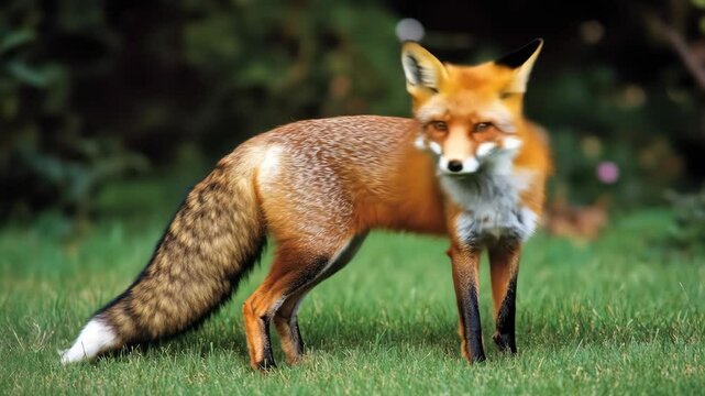 Portrait of an orange fox standing on green grass in the wild.