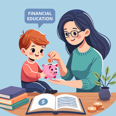 Boy and Mother Learn Financial Education with Piggy Bank Cartoon