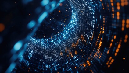 Abstract tunnel of swirling light and data