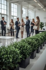 Modern office environment with corporate employees networking and having informal discussions surrounded by potted green plants, symbolizing sustainability and business collaboration.

