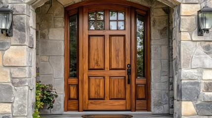 Modern wooden door with large sidelight window