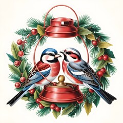 Two Birds on Lantern &ndash; Christmas Garlands, Berries, and Pine 