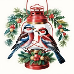 Two Birds on Lantern &ndash; Christmas Garlands, Berries, and Pine 
