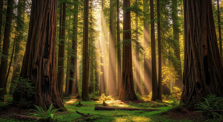 Fototapeta premium Golden sunbeams streaming through a majestic ancient redwood forest at sunrise