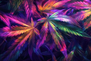 Vibrant, colorful cannabis leaves, close-up