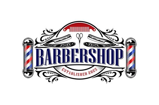 Classic barbershop logo design featuring vintage elements and a traditional barber pole. Scissors and razor element.