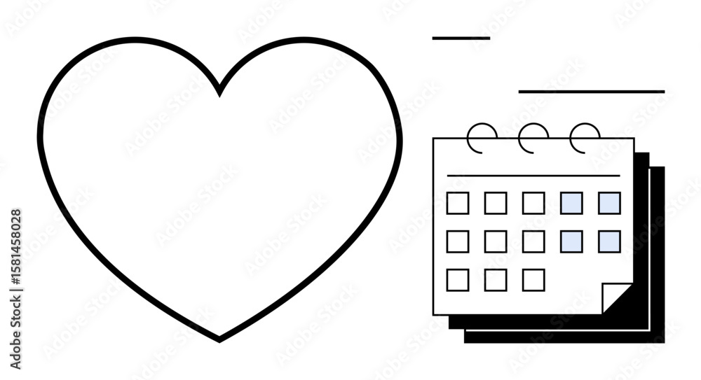 Poster black outline of a heart next to a spiral calendar with highlighted dates, symbolizing planning and 