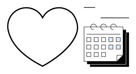 Black outline of a heart next to a spiral calendar with highlighted dates, symbolizing planning and care. Ideal for relationships, health, reminders, schedules, goals, time management, simple flat