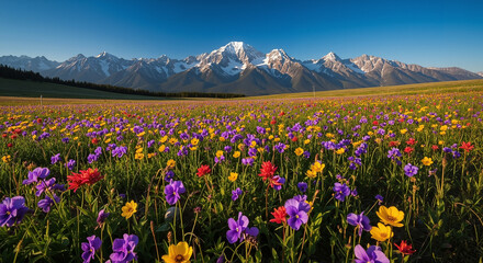 Obraz premium Vibrant alpine meadow with colorful wildflowers and majestic snow-capped mountains under a clear blue sky