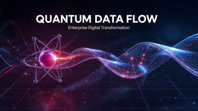 Futuristic quantum data stream visualization with glowing atom structure and flowing digital waves representing enterprise digital transformation and advanced information flow.

