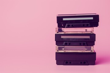 Stack of old VHS tapes on pastel pink background, vintage film concept, retro media layout, nostalgic minimalist flat lay.