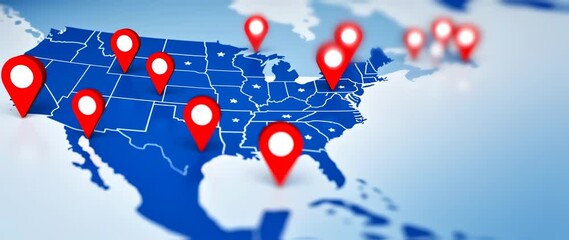 USA Map with Red Location Pins: Tracking Points Across the United States - Powered by Adobe