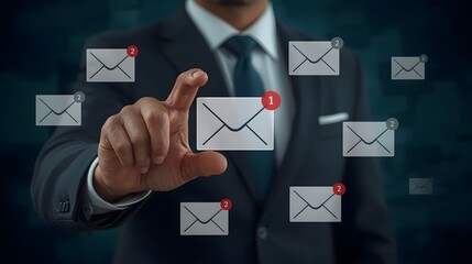 Businessman in a suit touching virtual envelope icons with notification symbols, symbolizing corporate email communication, message alerts, and digital contact in modern business.

